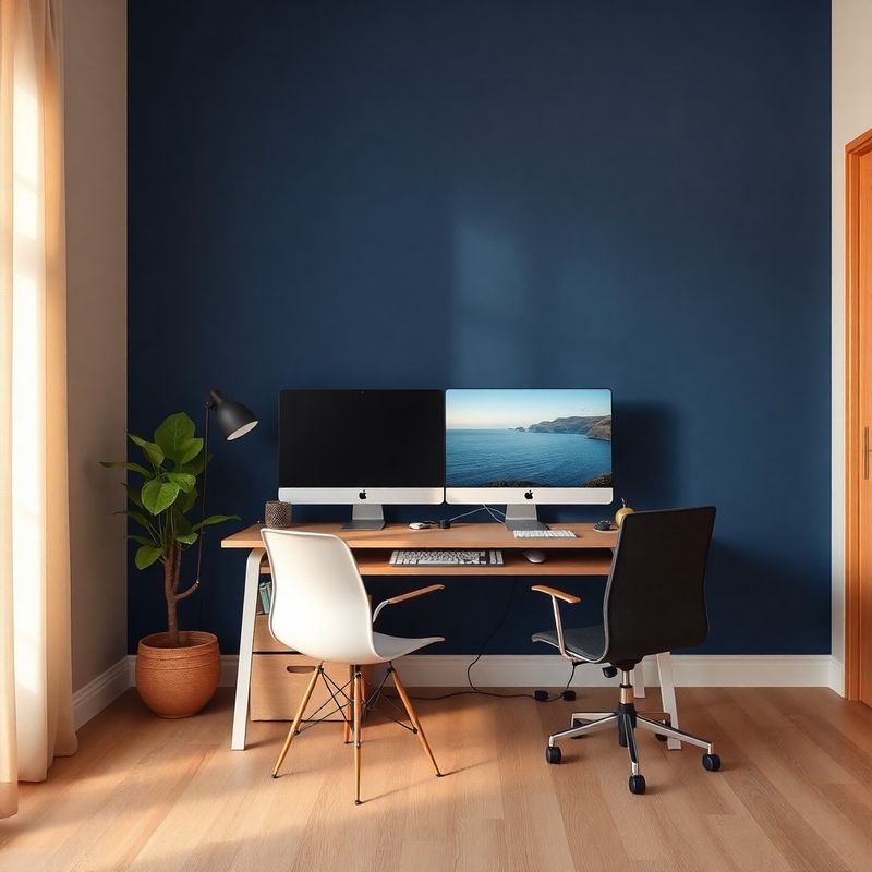 Minimal Constanța studio workspace with indigo accent wall