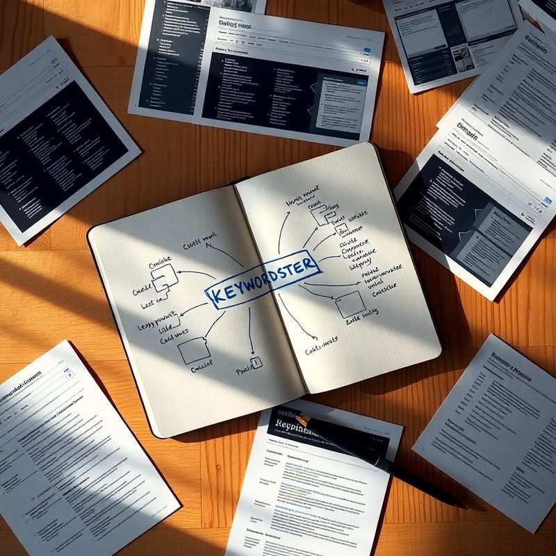 Keyword cluster mind-map sketched in an open notebook